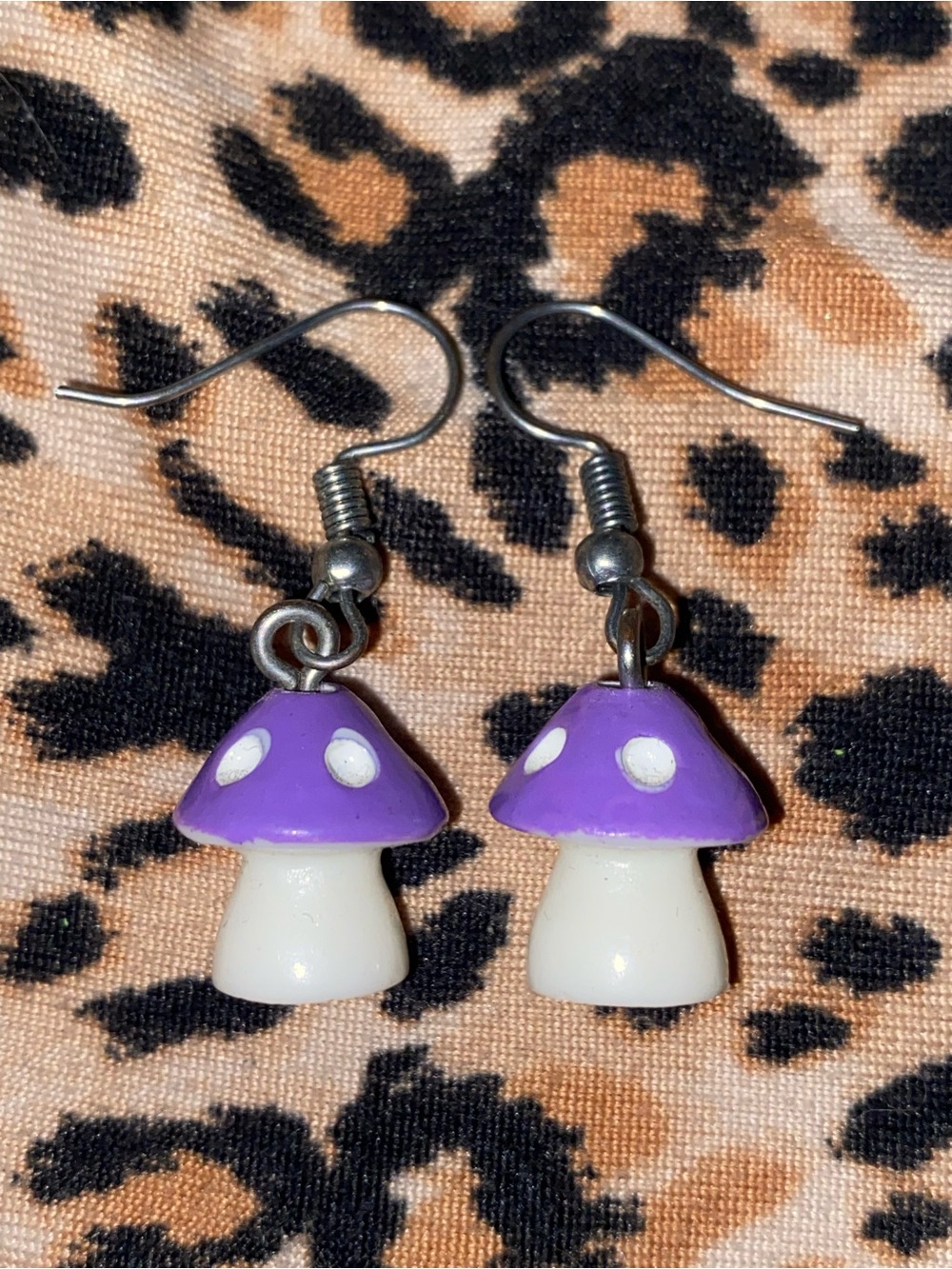 Purple mushroom earrings with white spots